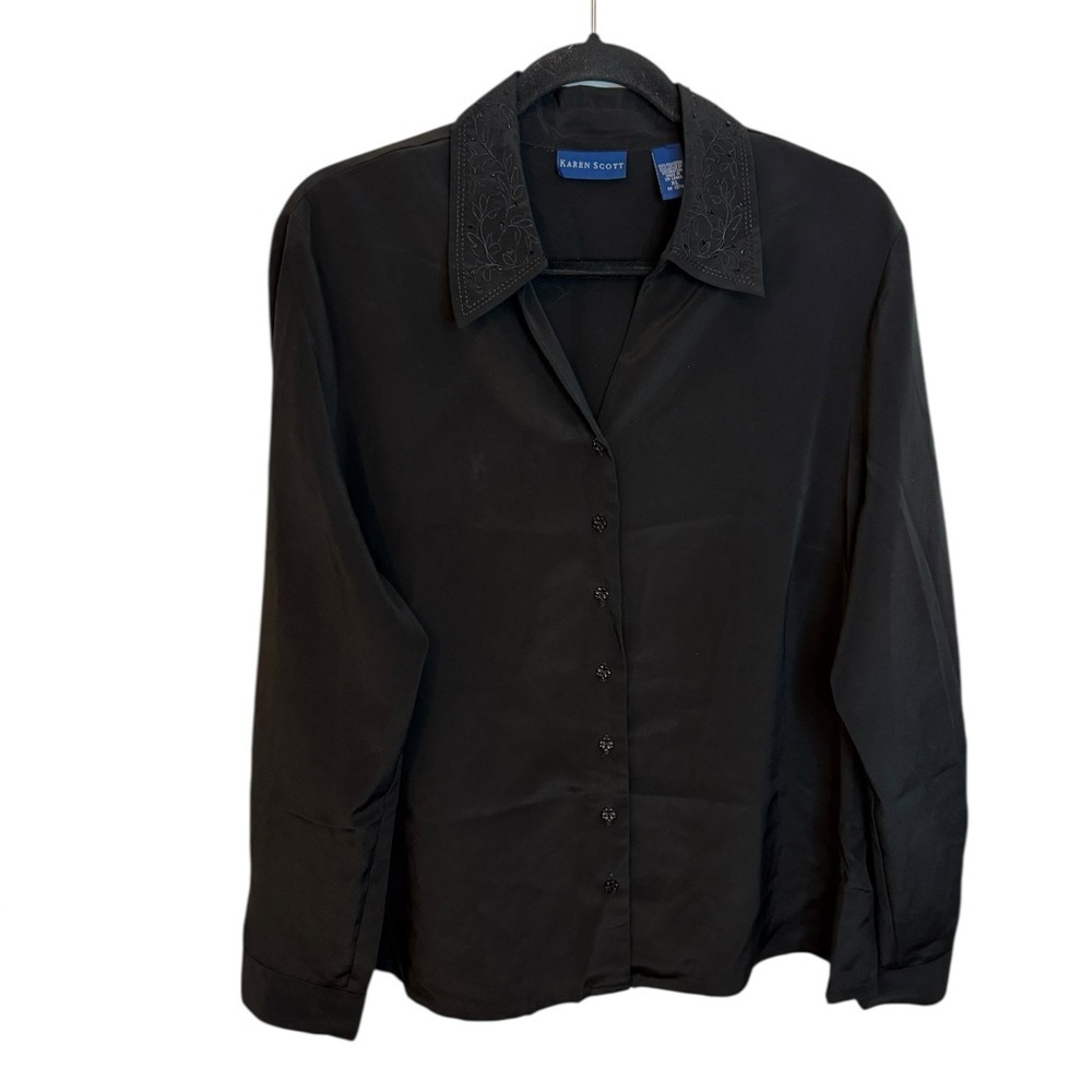 Karen Scott Black Embroidered Collar Button Down Blouse